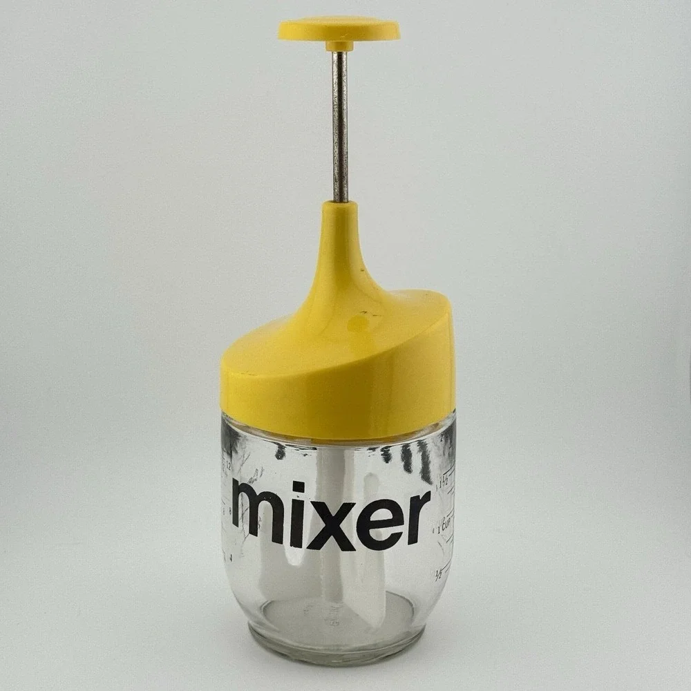 Vtg MCM Gemco USA Push-Down Hand Mixer Glass Yellow Salad Dressing Sauces Creams